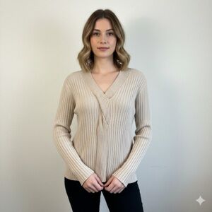 Pistache Twist-Front V-Neck Ribbed Knit Sweater Size L